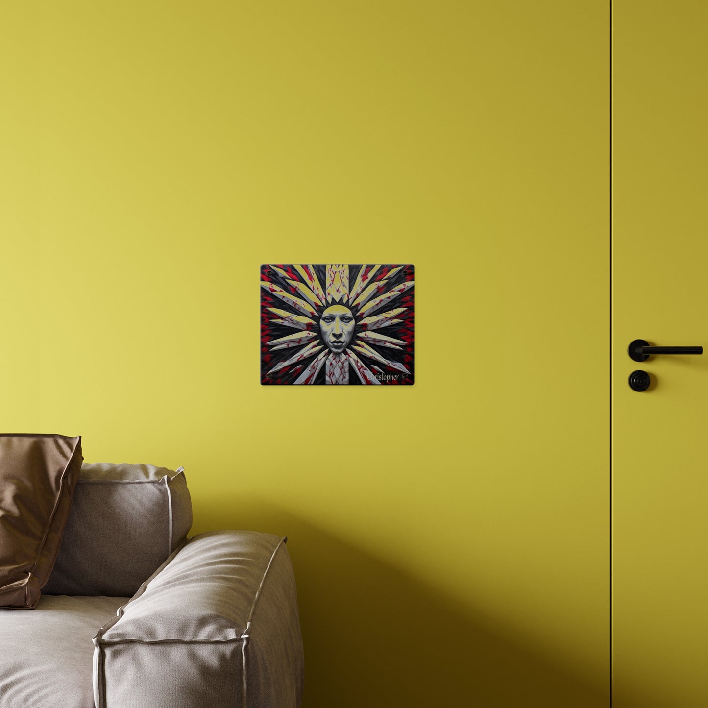Acrylic Wall Art Panel — Surreal Sunburst Face with Red & Black Feather Design