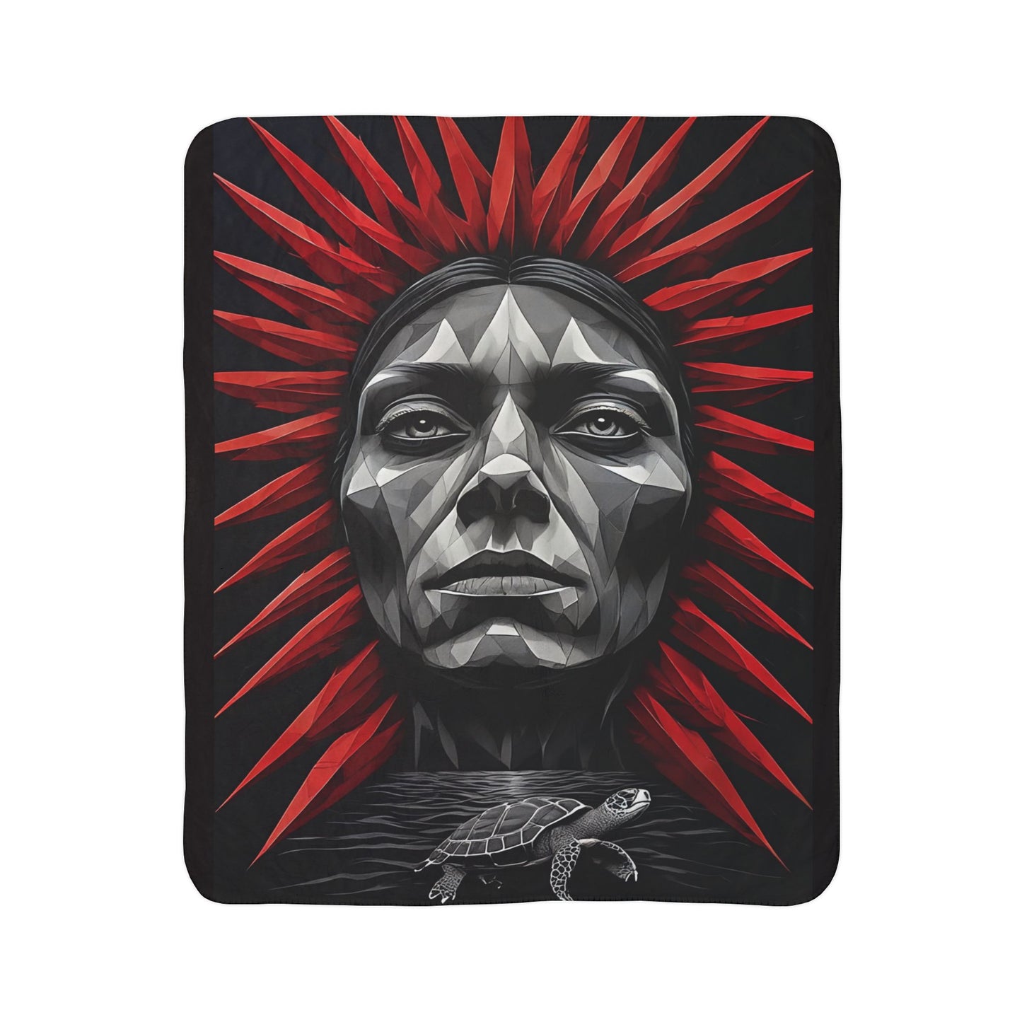 Tribal Goddess Sherpa Blanket – Geometric Face & Sea Turtle Design