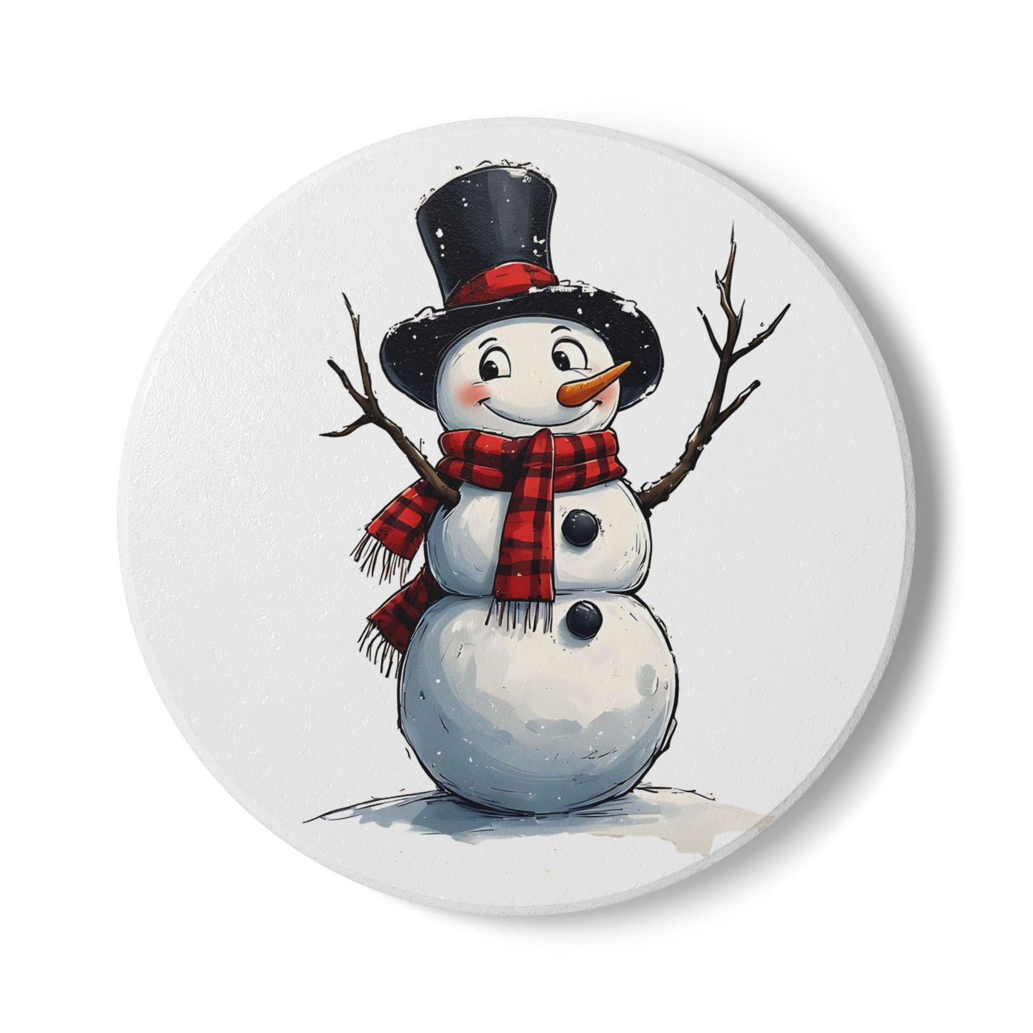 Winter Snowman Ceramic Coaster — Cute Hand-Drawn Snowman Holiday Drink Coaster
