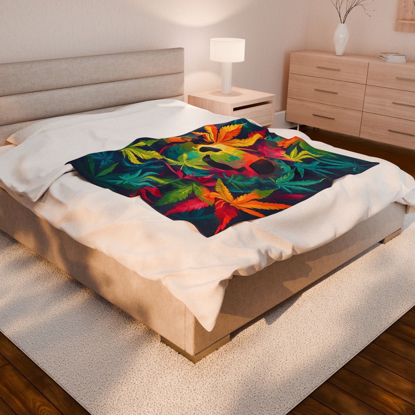 Velveteen Plush Blanket — Tie-Dye Smiley Face with Colorful Cannabis Leaves