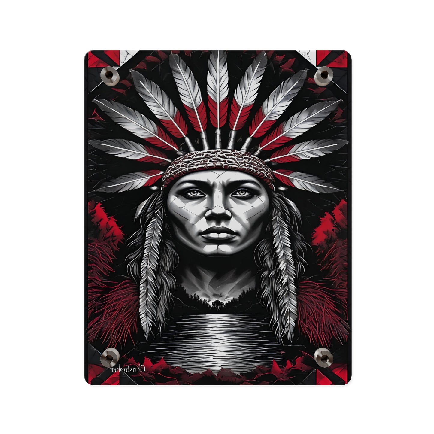 Acrylic Wall Art Panel — Bold Native Chief Portrait in Red & Black