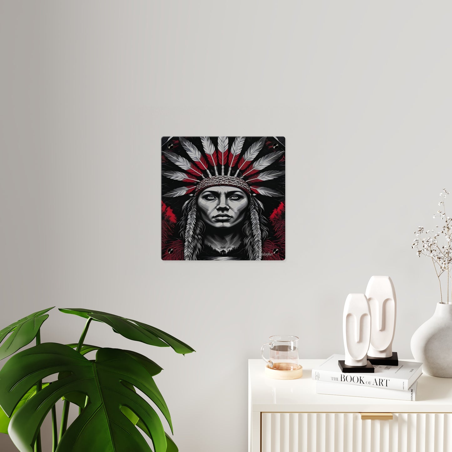 Acrylic Wall Art Panel — Bold Native Chief Portrait in Red & Black