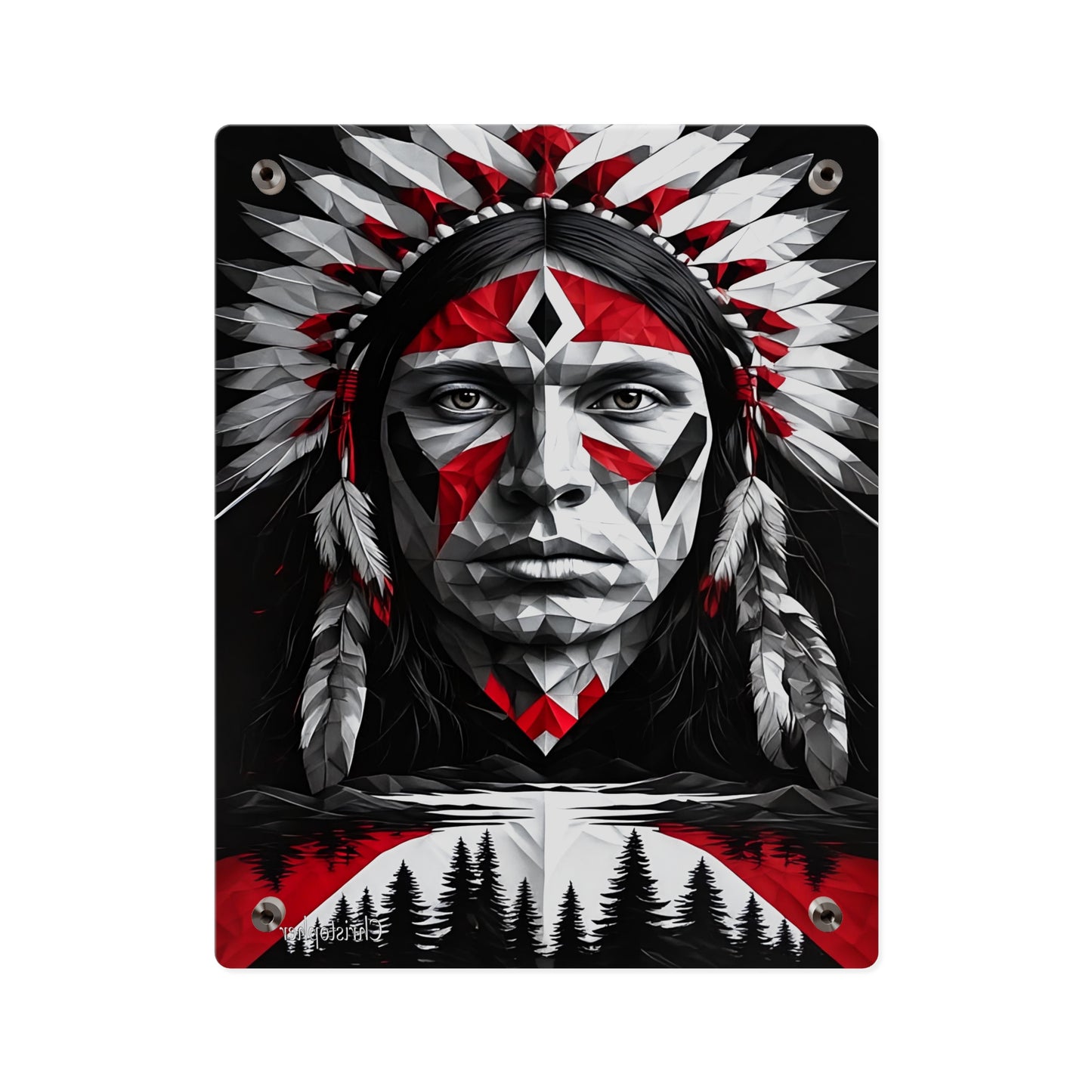 Acrylic Wall Art Panel — Geometric Indigenous Warrior Portrait (Red & Black)
