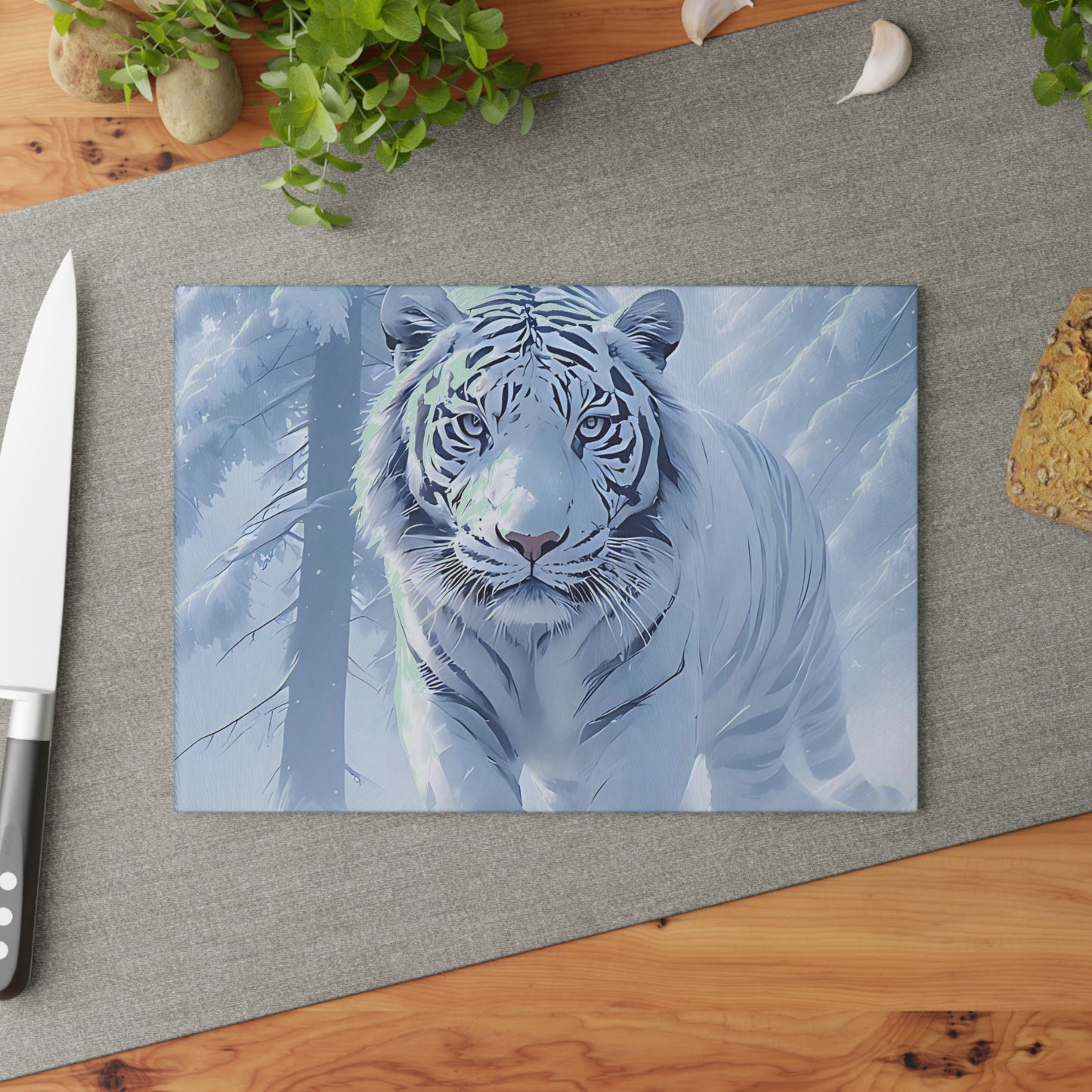 Glass Cutting Board — White Tiger Winter Scene Tempered Glass Chopping Board
