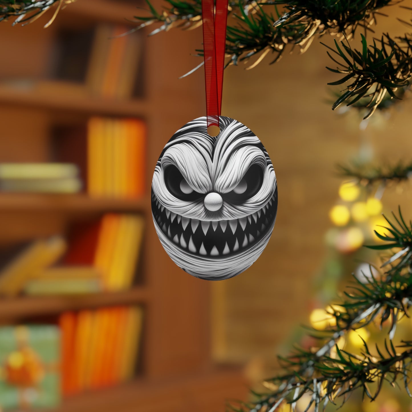 Scary Monster Bell Metal Ornament — Creepy Black & White Holiday Decor