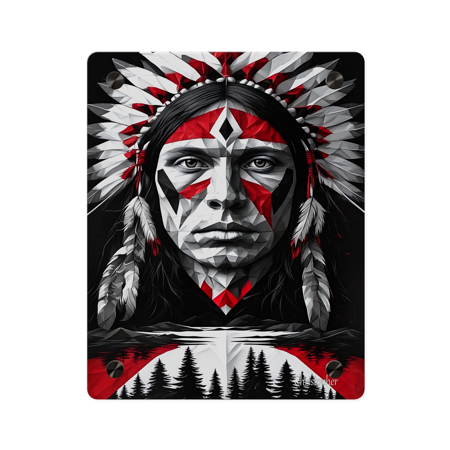 Acrylic Wall Art Panel — Geometric Indigenous Warrior Portrait (Red & Black)