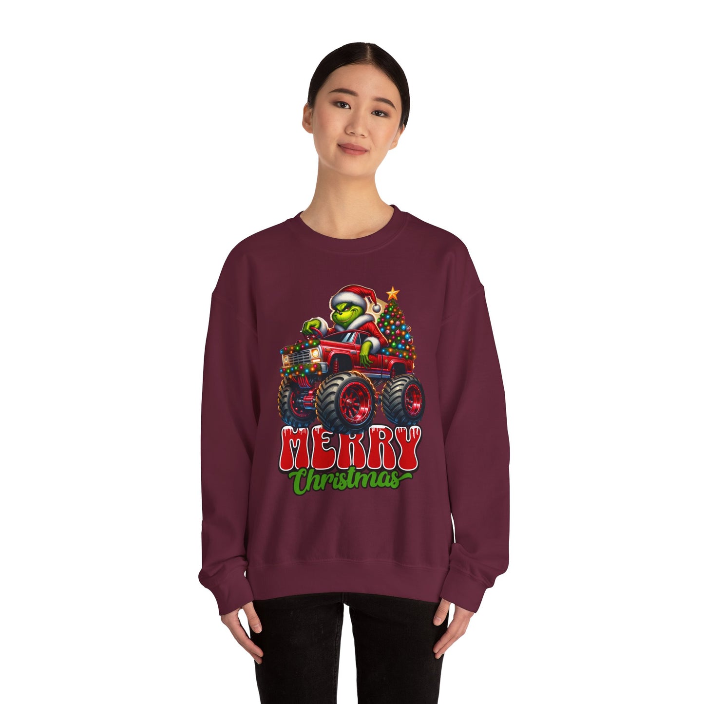 Christmas Monster Truck Sweatshirt — 'Merry Christmas' Grinch Driver Design