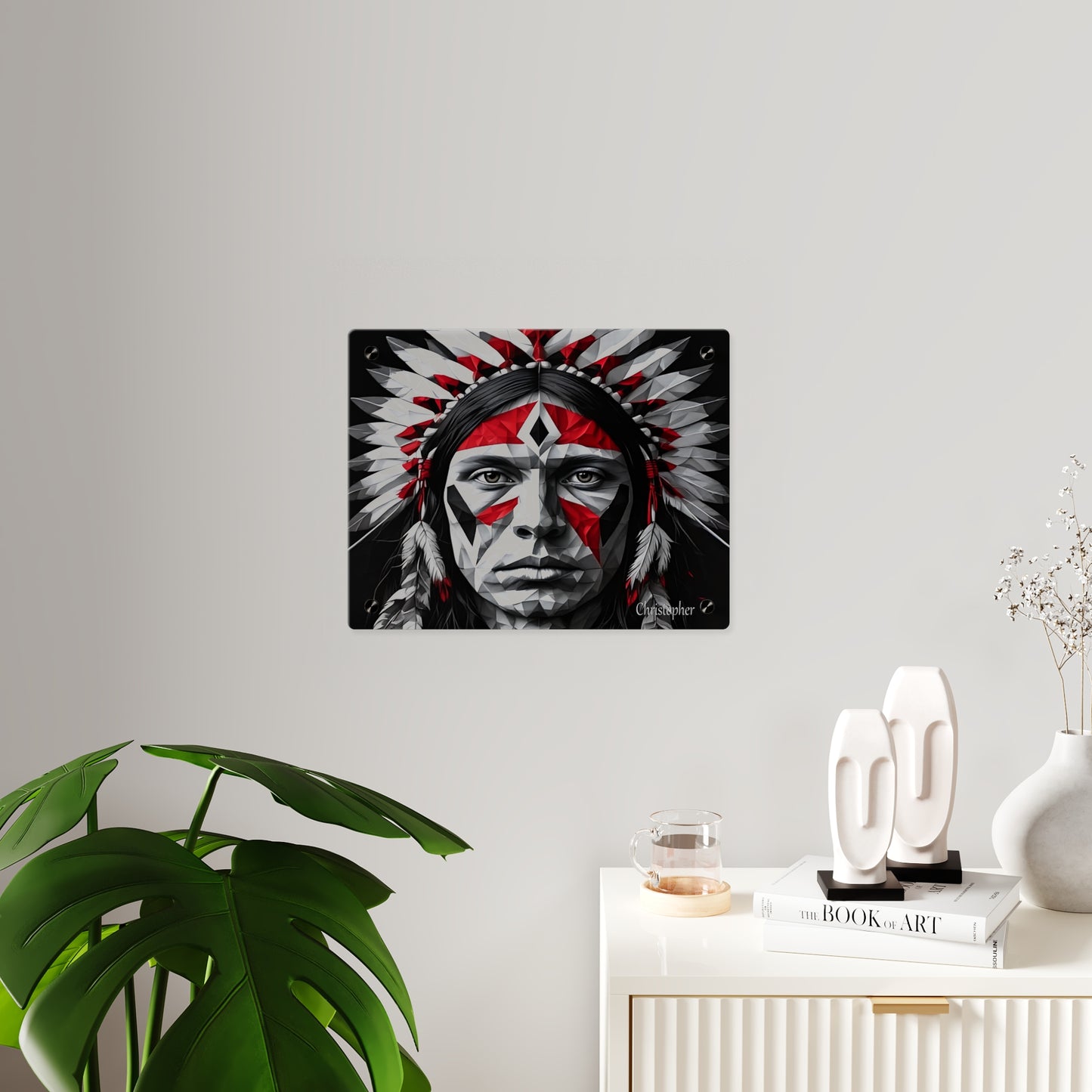 Acrylic Wall Art Panel — Geometric Indigenous Warrior Portrait (Red & Black)