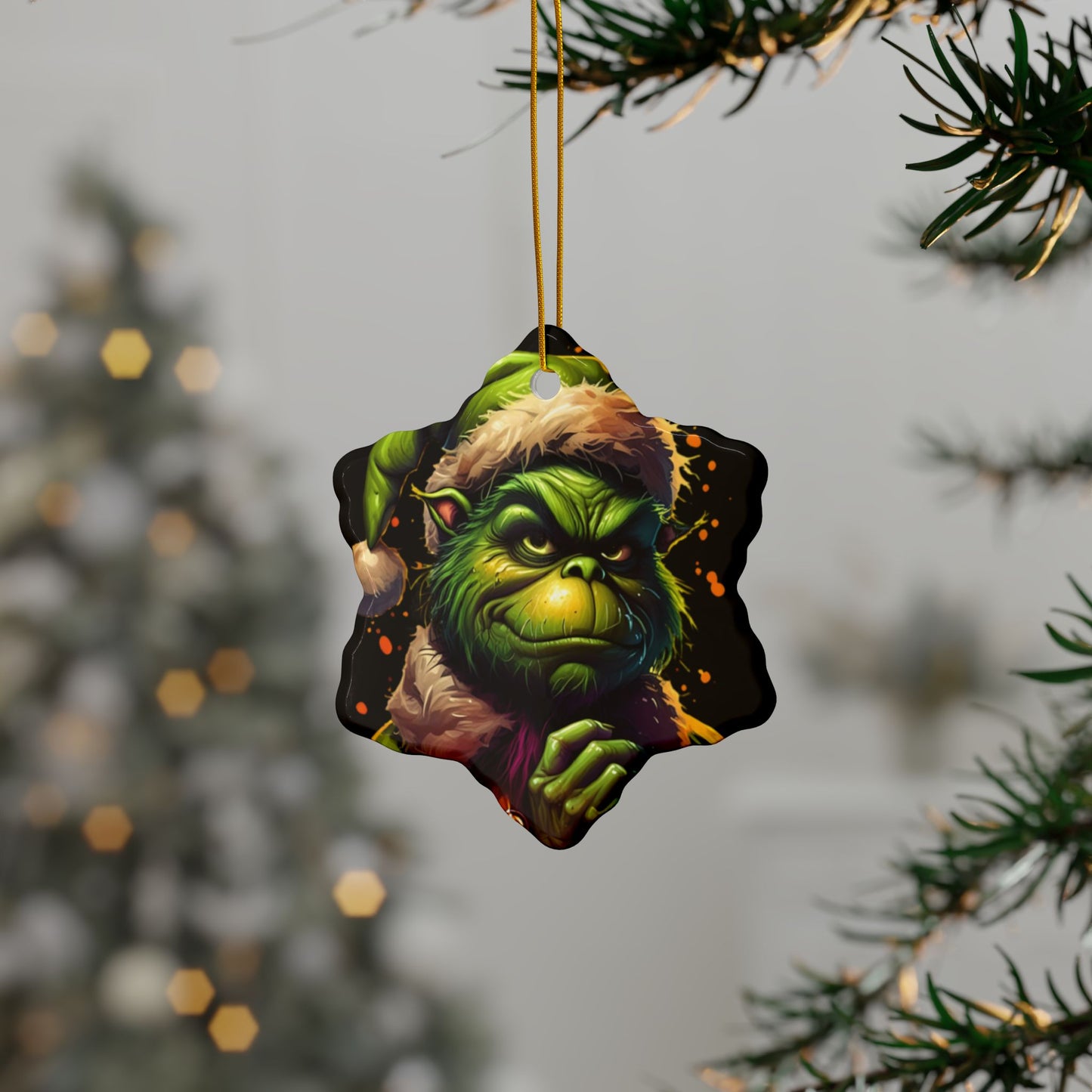 Grumpy Grinch Ceramic Ornament — Double-Sided Christmas Tree Decoration