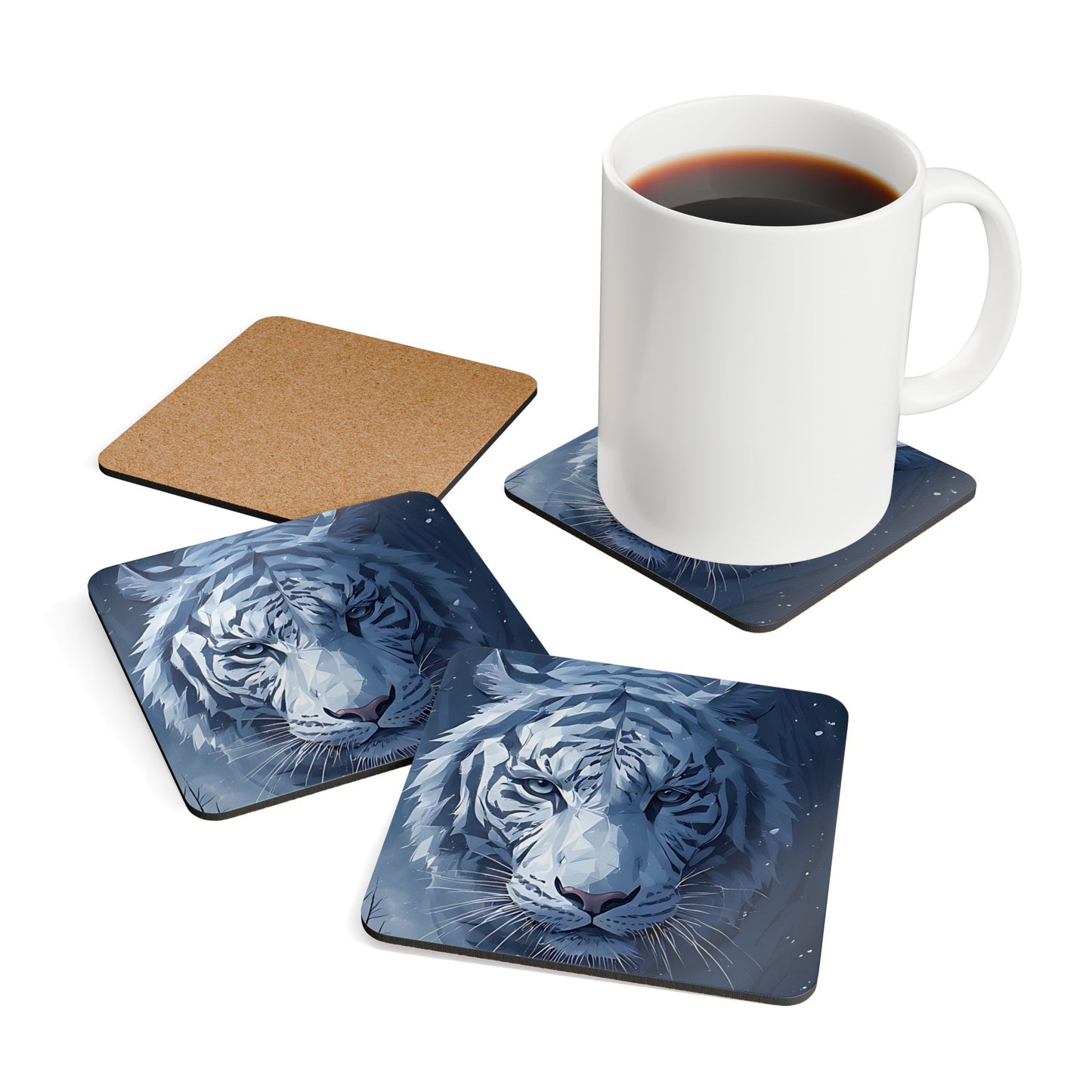 White Tiger Cork Coaster Set — Illustrated Animal Drink Coasters