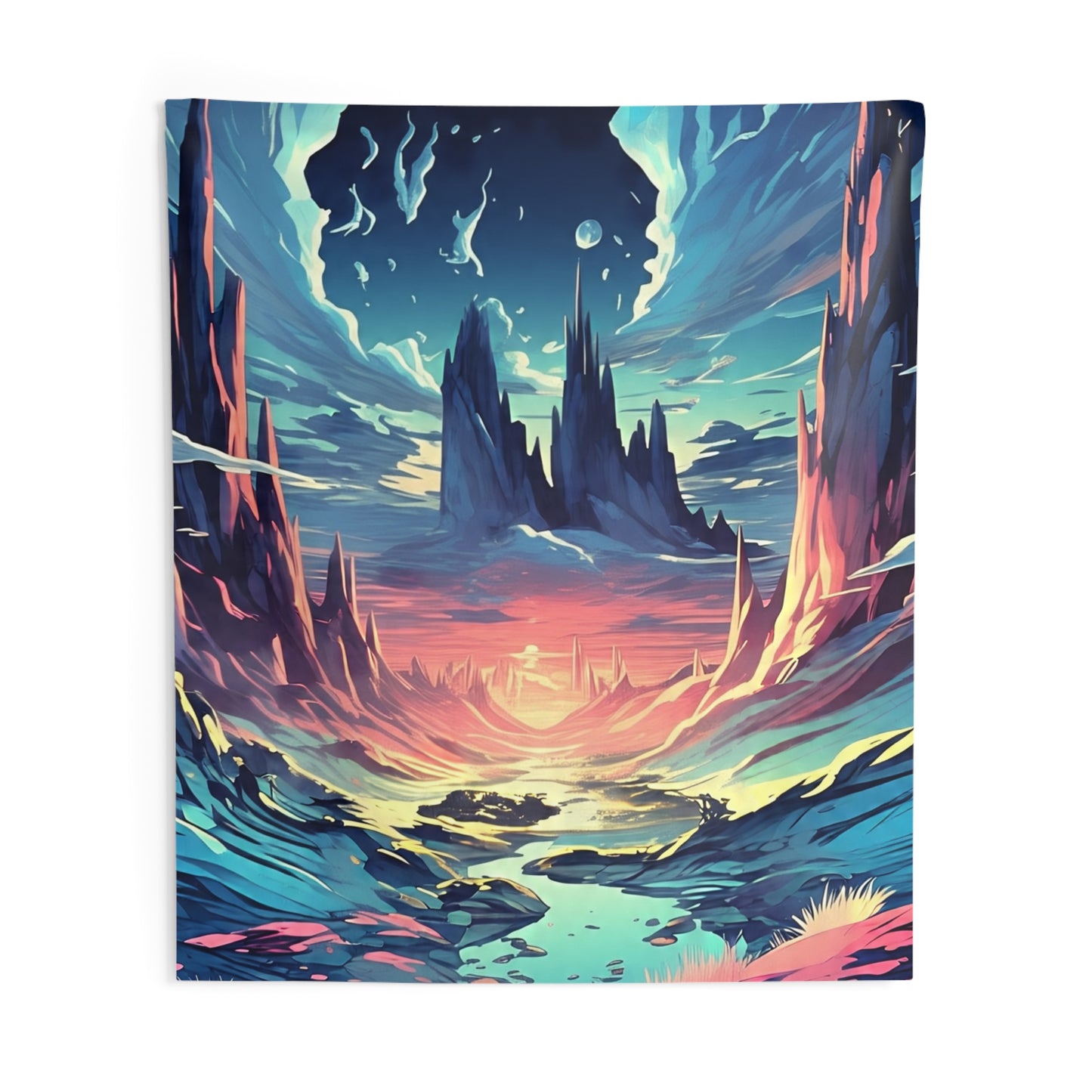 Fantasy Landscape Tapestry — Vibrant Sunset Alien World Wall Art
