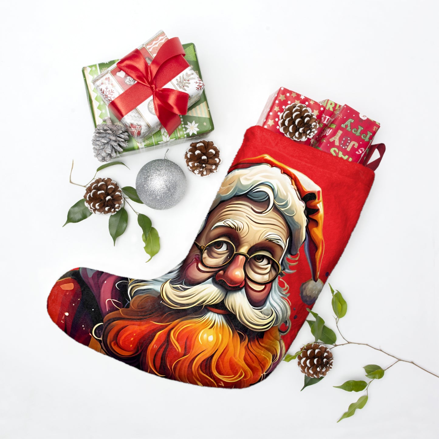 Santa Claus Christmas Stocking — Festive Red Holiday Stocking with Jolly Santa Design