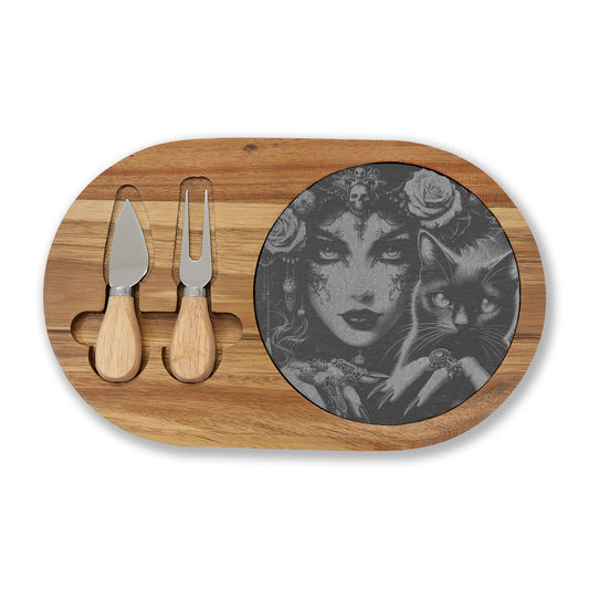 Engraved Bamboo Charcuterie Board with Gothic Woman & Cat Artwork