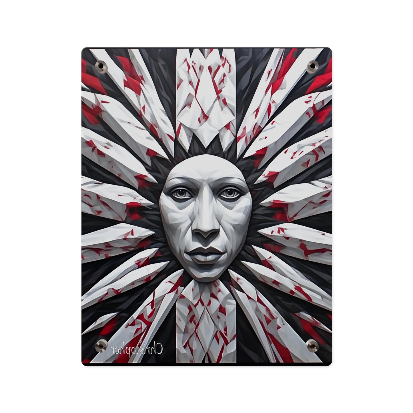 Acrylic Wall Art Panel — Surreal Sunburst Face with Red & Black Feather Design