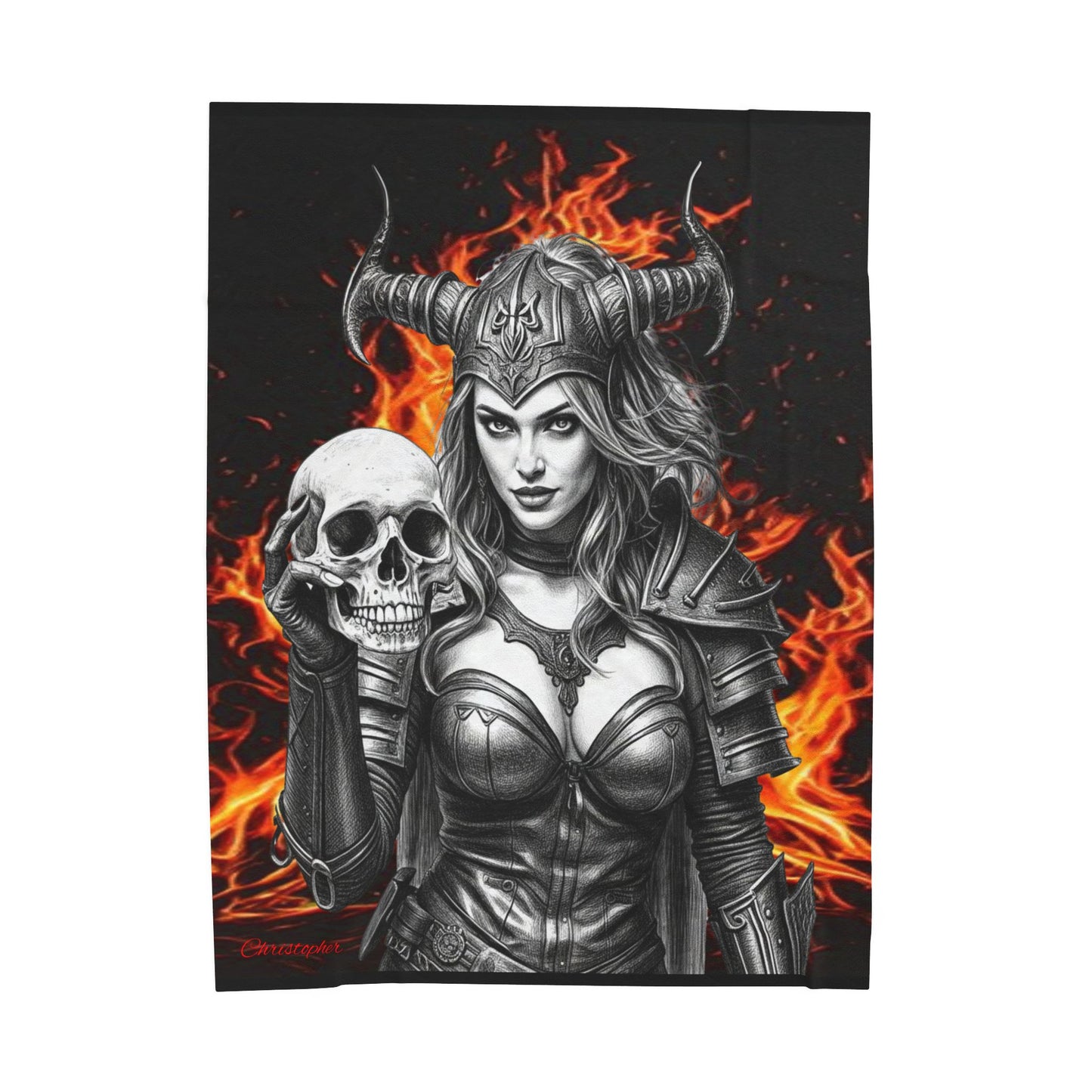 Valkyrie Skull Velvet Plush Blanket — Fiery Gothic Throw for Fantasy & Viking Fans