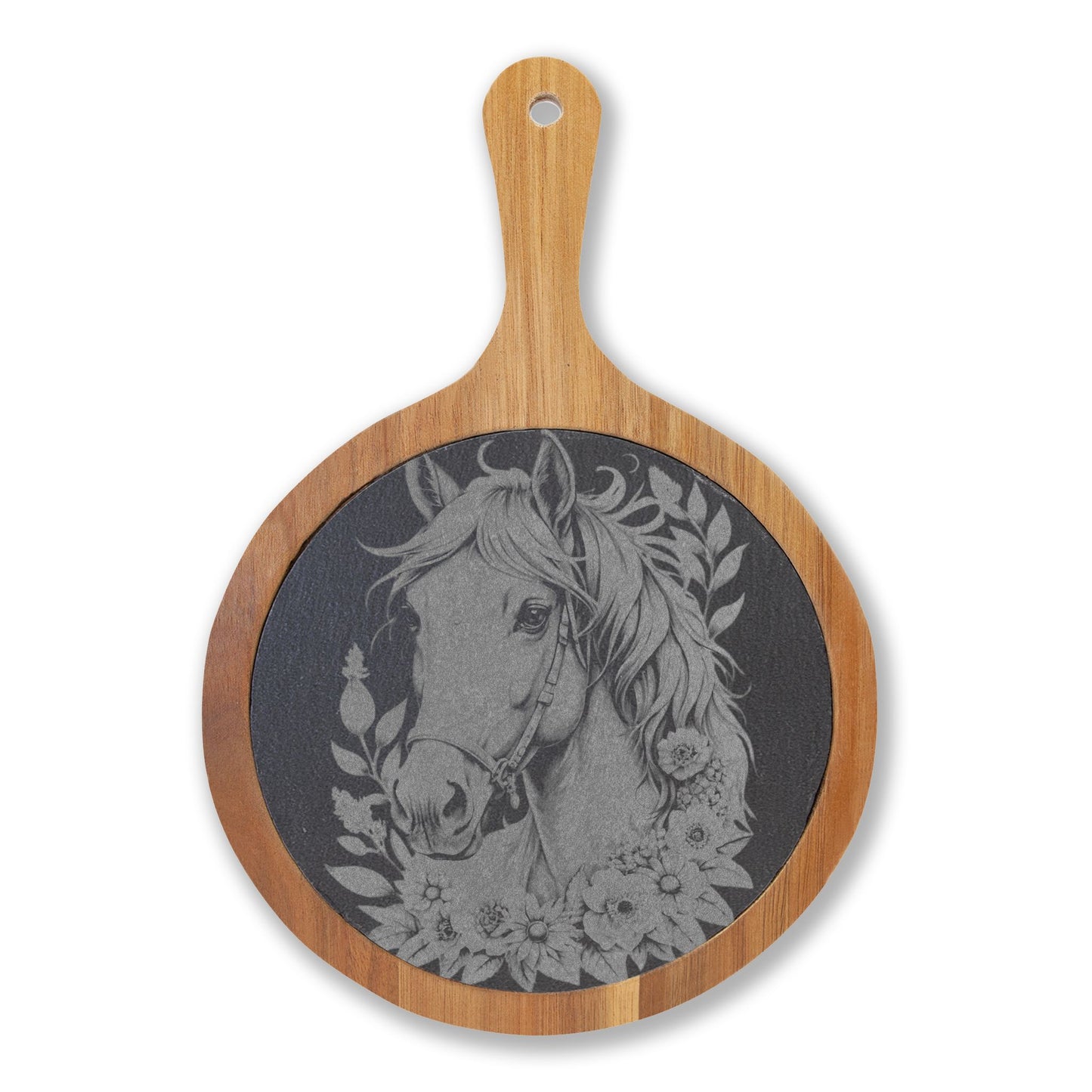 Engraved Horse Cheeseboard Set — Acacia Charcuterie Board with Slate Inlay & Cheese Tools