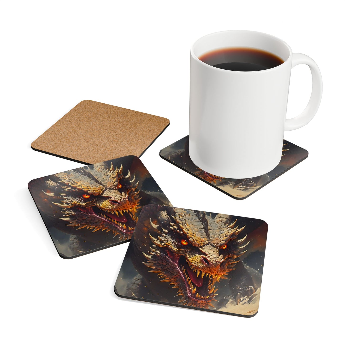 Dragon Cork Coaster Set — Fiery Red Dragon Art Drink Coasters (4-Pack)