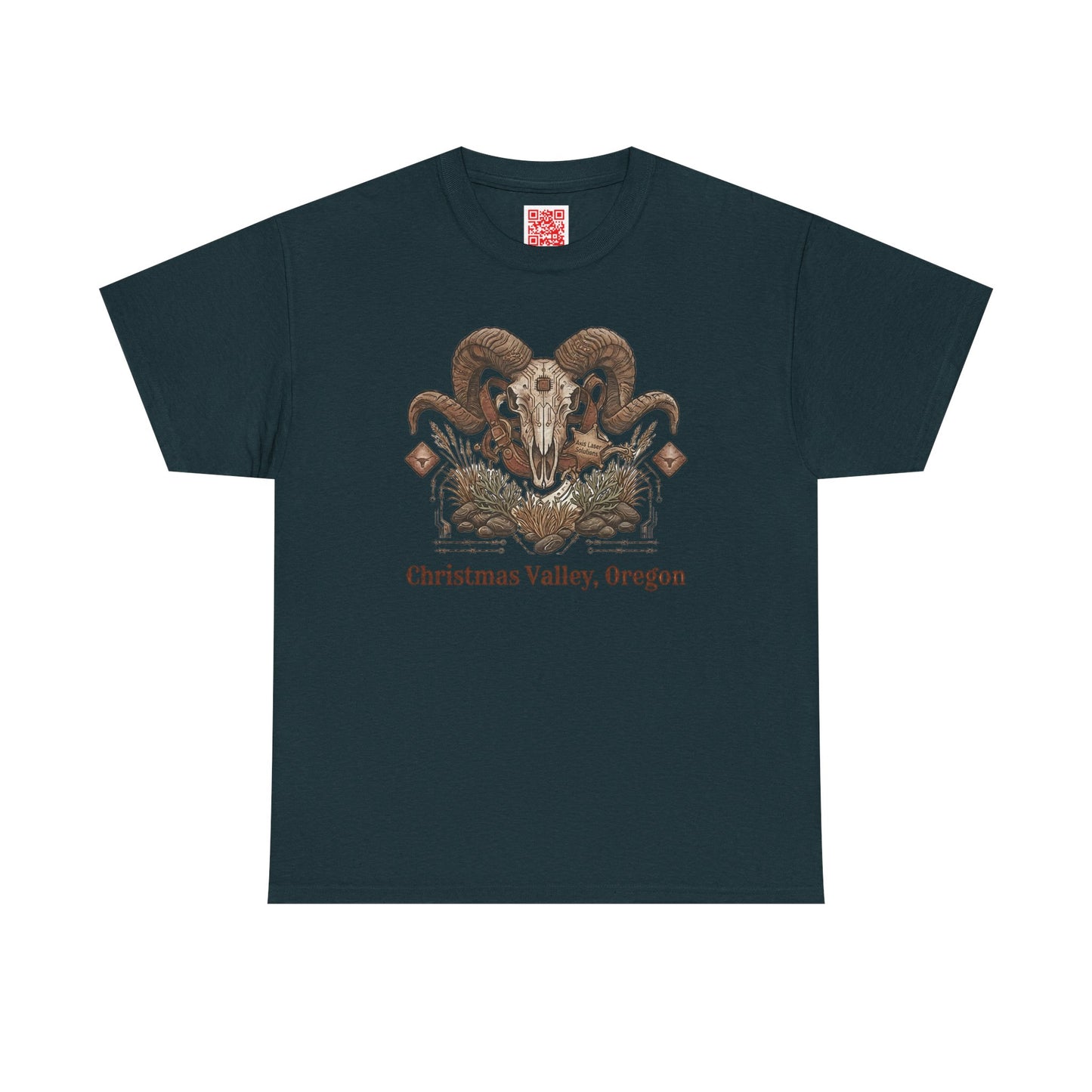 Ram Skull Graphic Tee Double Sided no background on the Back — Christmas Valley, Oregon Vintage Western T-Shirt