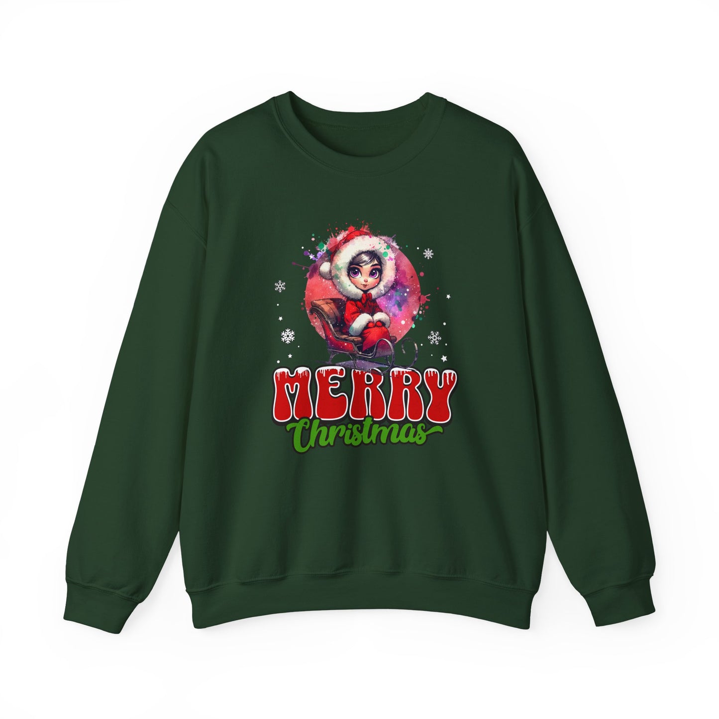 Christmas Crewneck Sweatshirt — Cute Santa Girl 'Merry Christmas' Holiday Pullover