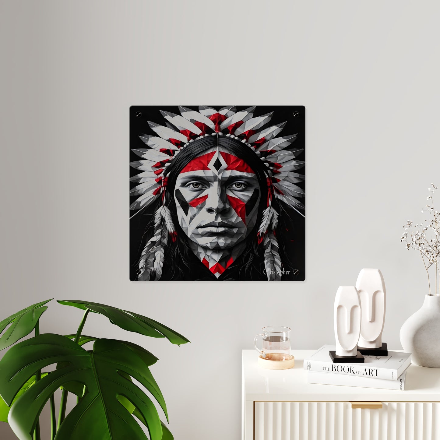 Acrylic Wall Art Panel — Geometric Indigenous Warrior Portrait (Red & Black)