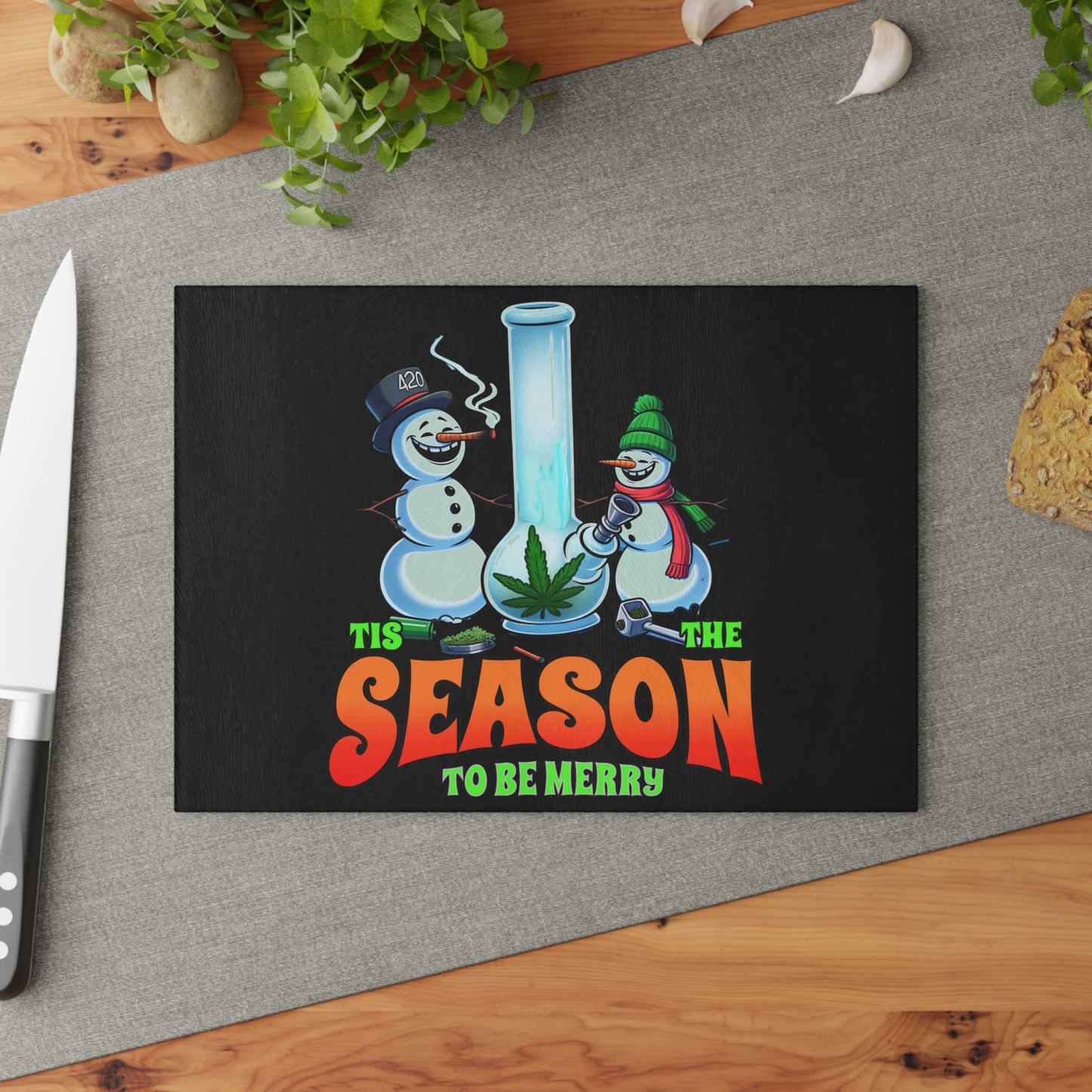 Festive Glass Cutting Board for Holiday Cooking, Christmas Kitchen Decor, Fun Gift for Chefs, Marijuana Humor, Snowman Theme