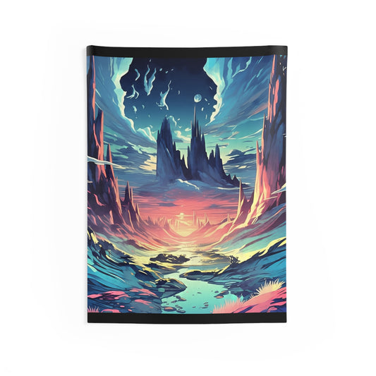 Fantasy Landscape Tapestry — Vibrant Sunset Alien World Wall Art