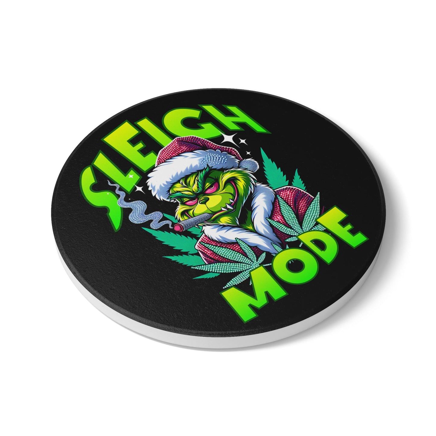 Sleigh Mode Ceramic Coaster — Grinch Santa with Cannabis Holiday Coaster