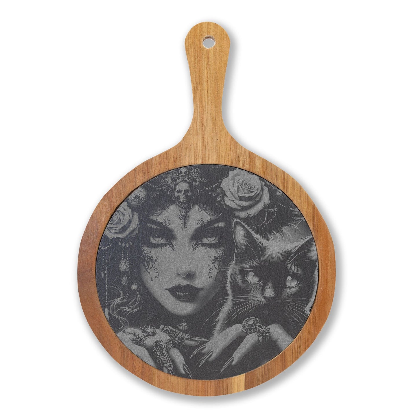 Engraved Bamboo Charcuterie Board with Gothic Woman & Cat Artwork