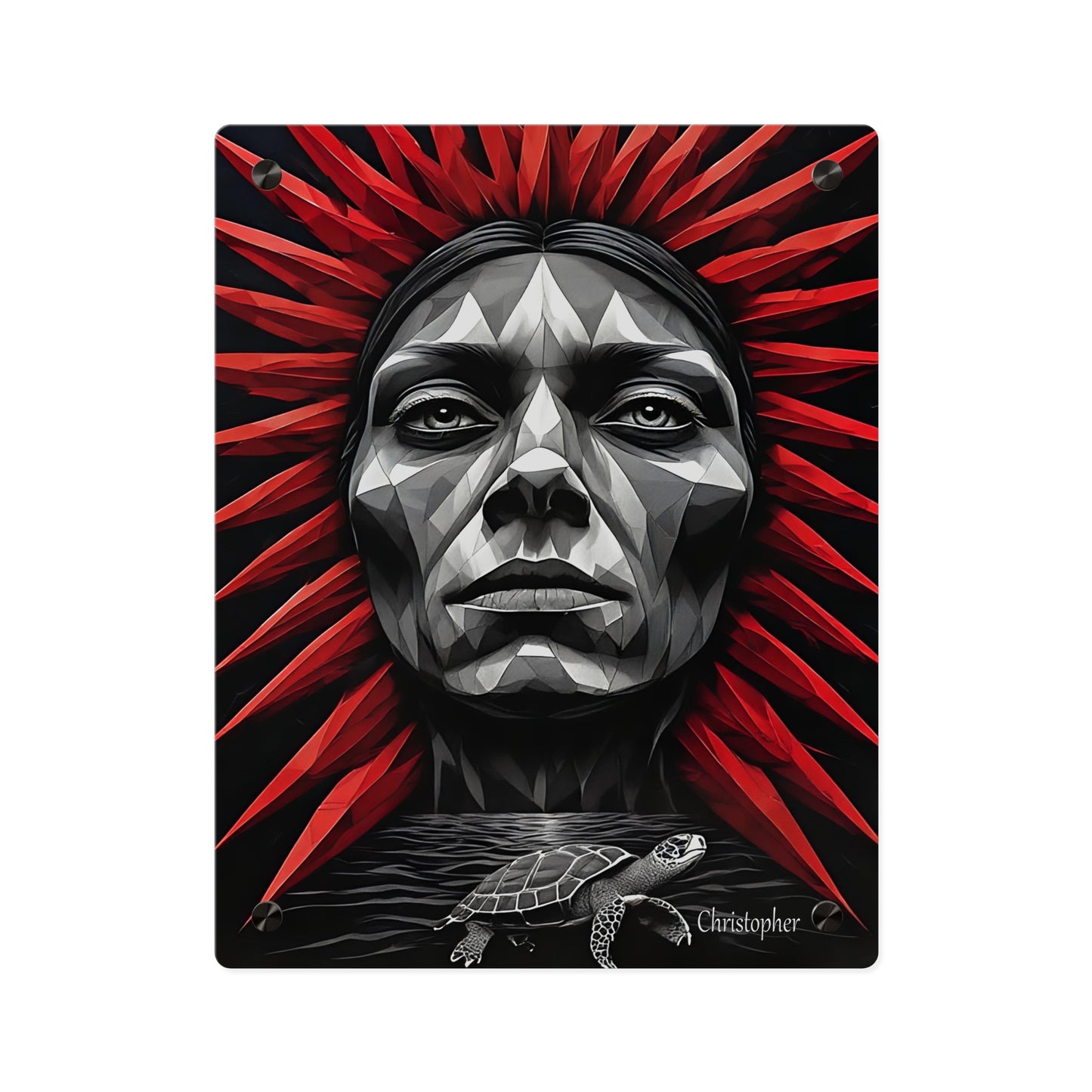 Acrylic Wall Art Panel — Geometric Tribal Face with Red Feather Headdress
