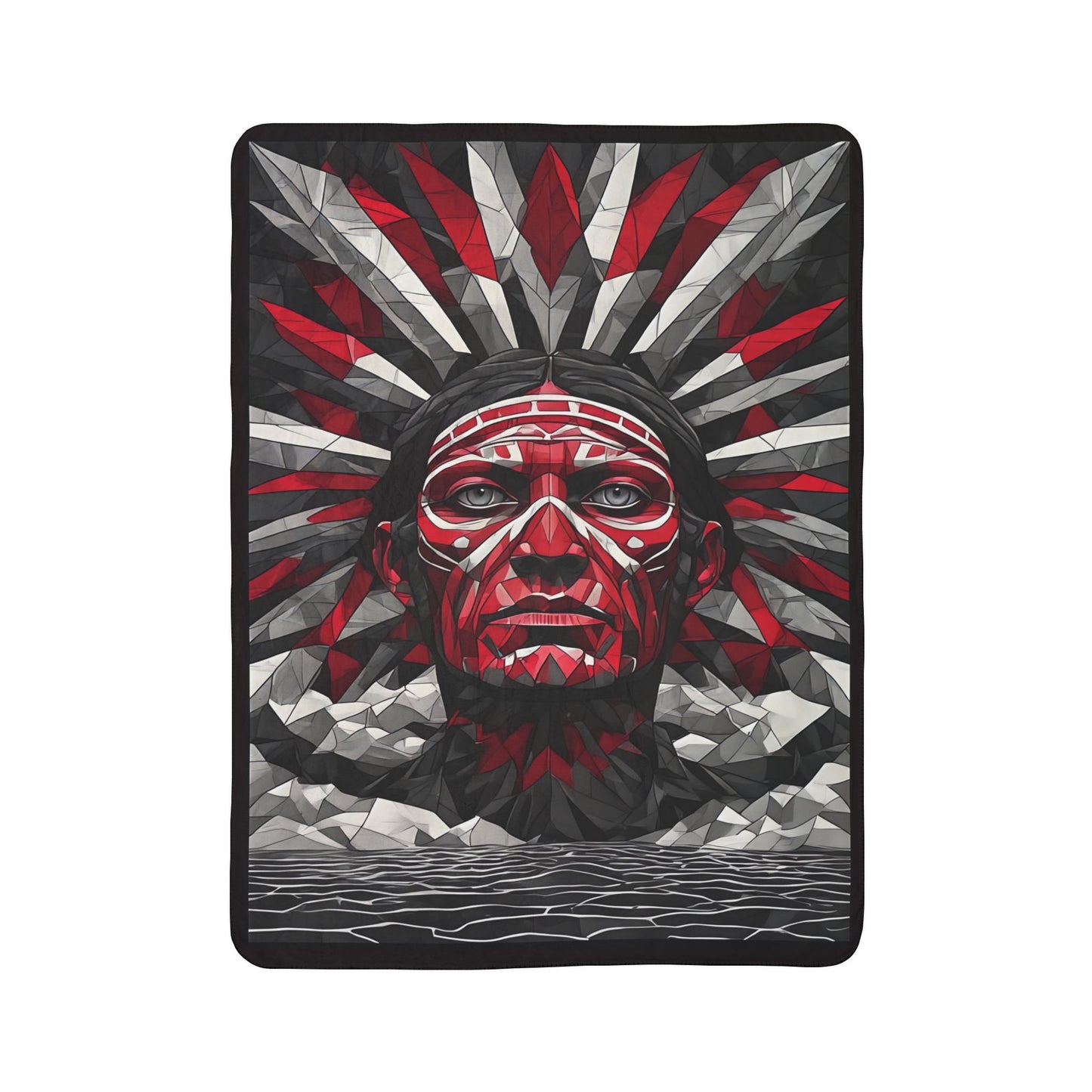 Tribal Headdress Fleece Sherpa Blanket — Bold Red & Gray Geometric Native-Inspired Design