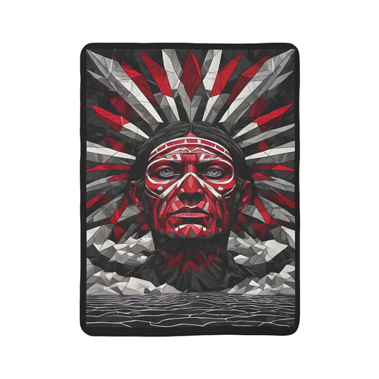 Tribal Headdress Fleece Sherpa Blanket — Bold Red & Gray Geometric Native-Inspired Design