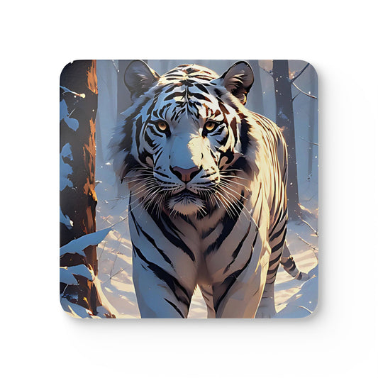 White Tiger Cork Coaster Set — Winter Forest Animal Drink Coasters (4-Pack)