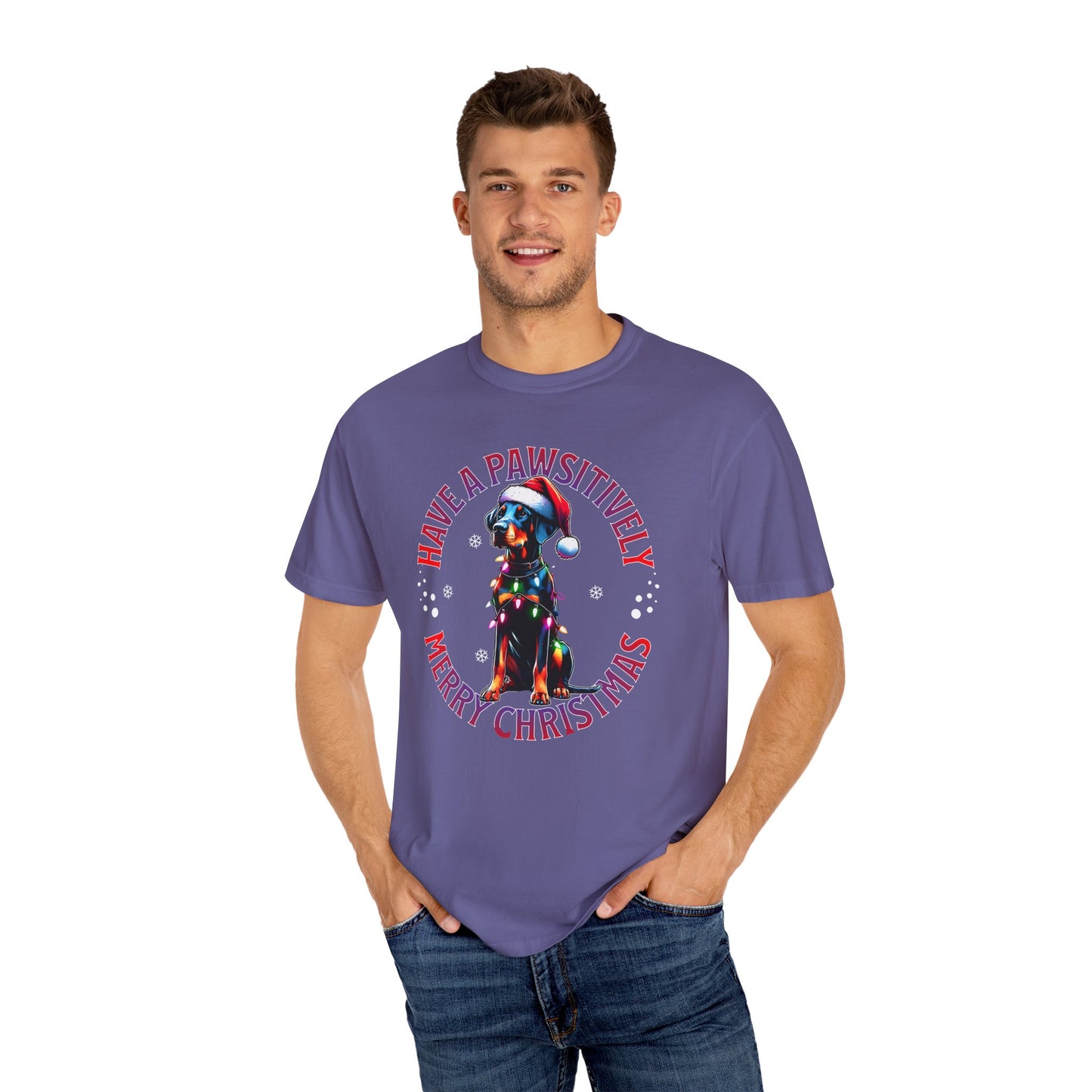 Christmas Dog T-Shirt  Doberman— "Have a Pawsitively Merry Christmas" Holiday Tee