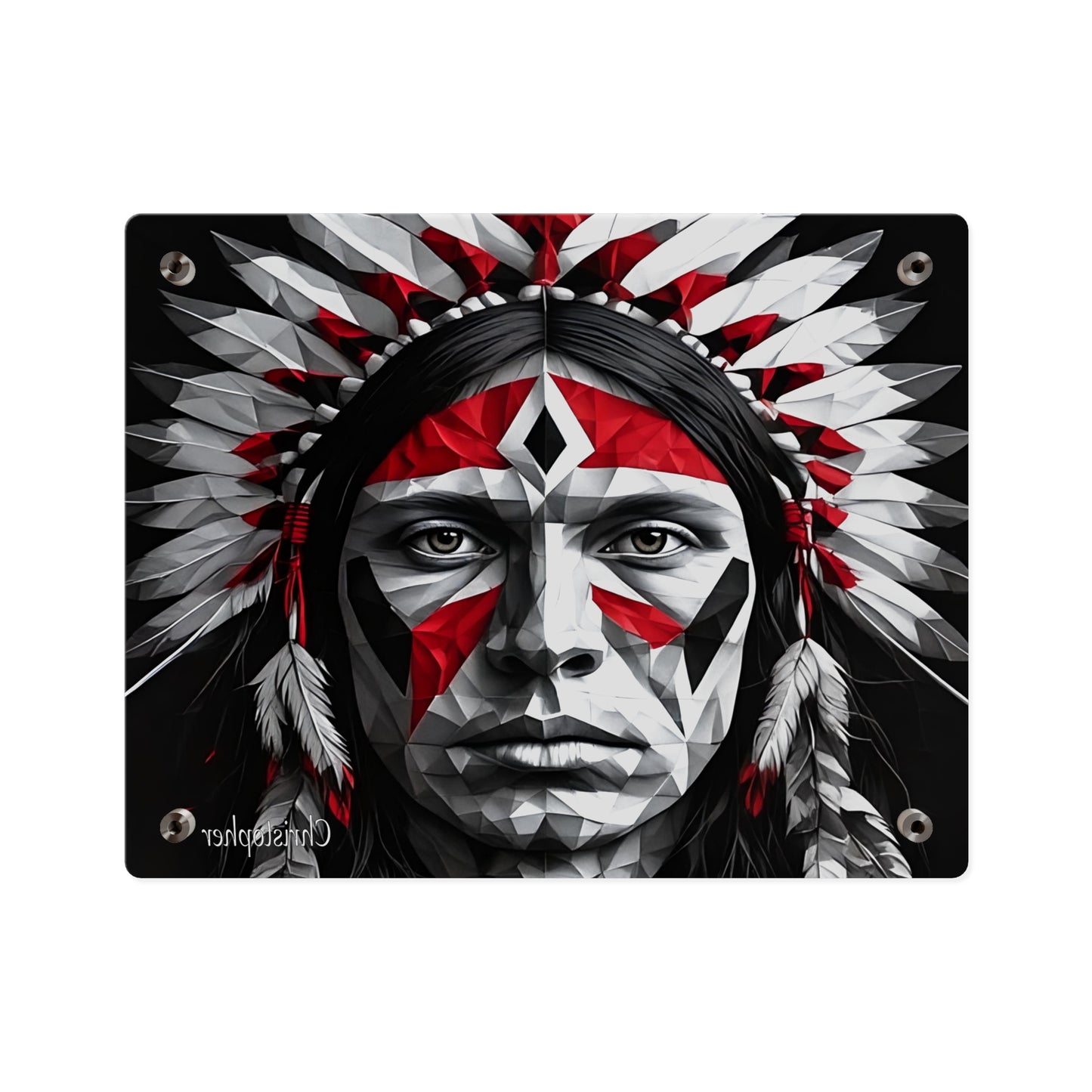 Acrylic Wall Art Panel — Geometric Indigenous Warrior Portrait (Red & Black)