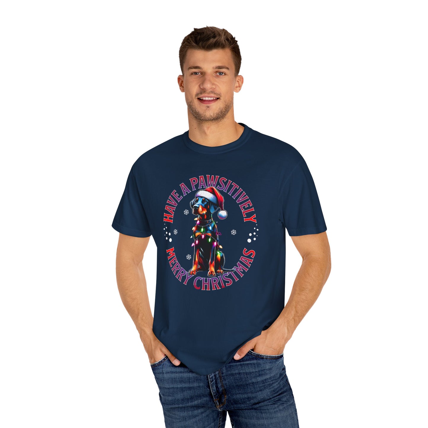 Christmas Dog T-Shirt  Doberman— "Have a Pawsitively Merry Christmas" Holiday Tee