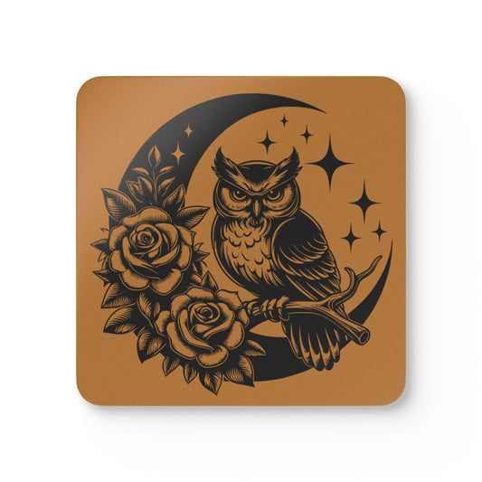 Cork Coaster Set — Moon Owl & Roses Corkwood Drink Coasters (4-Pack)