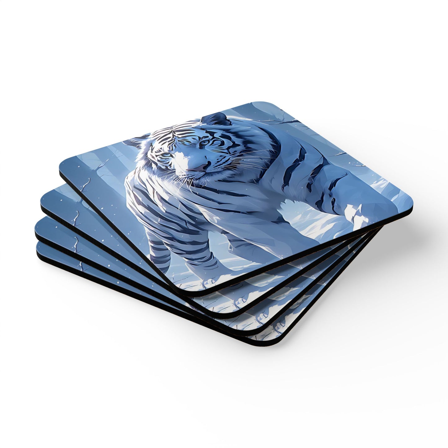 White Tiger Cork Coaster Set — Illustrated Winter Wildlife Drink Coasters (4-Pack)