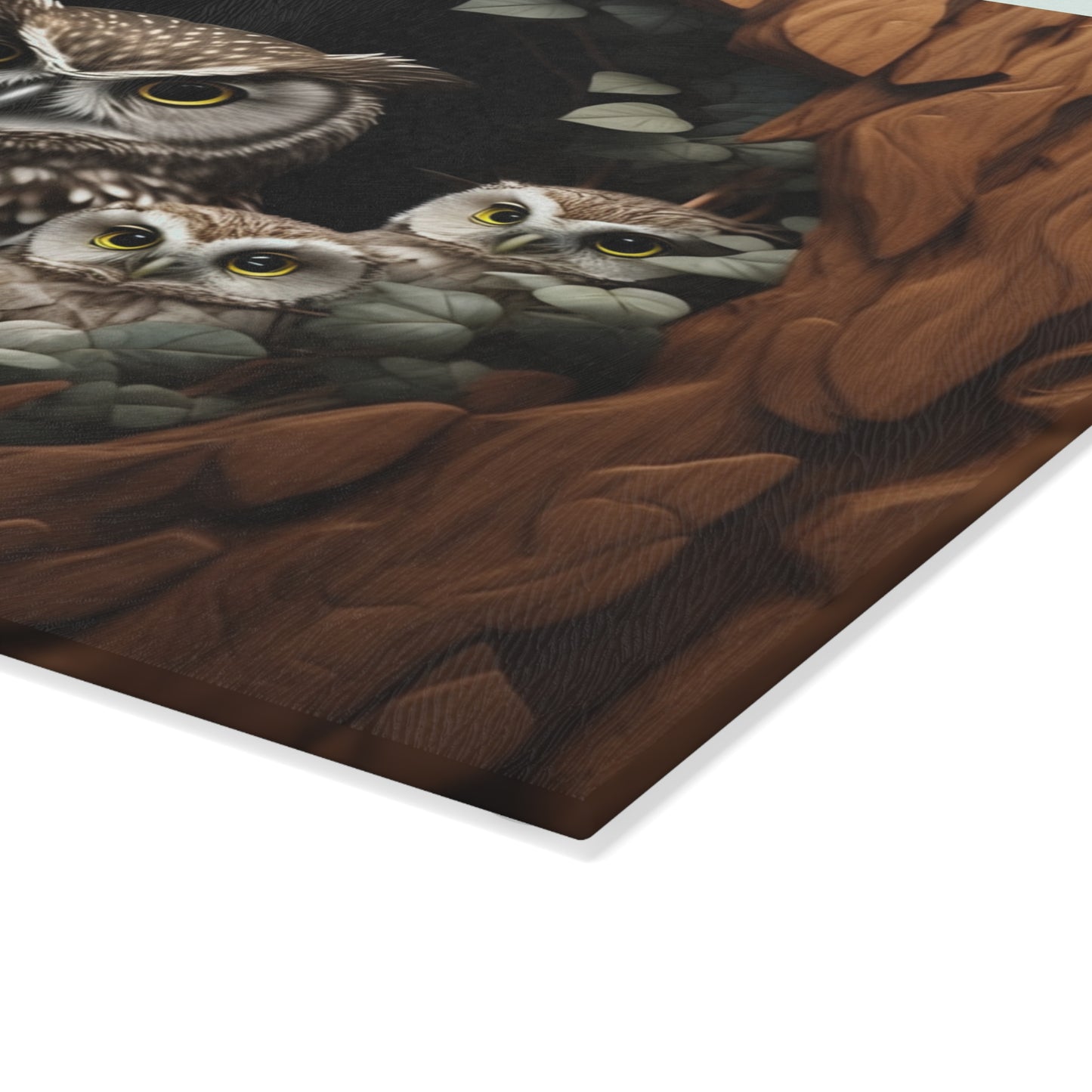 Owl Family Glass Cutting Board, Artistic Kitchen Decor, Gift for Animal Lovers, Nature-Inspired Home Accent, Unique Culinary Gift