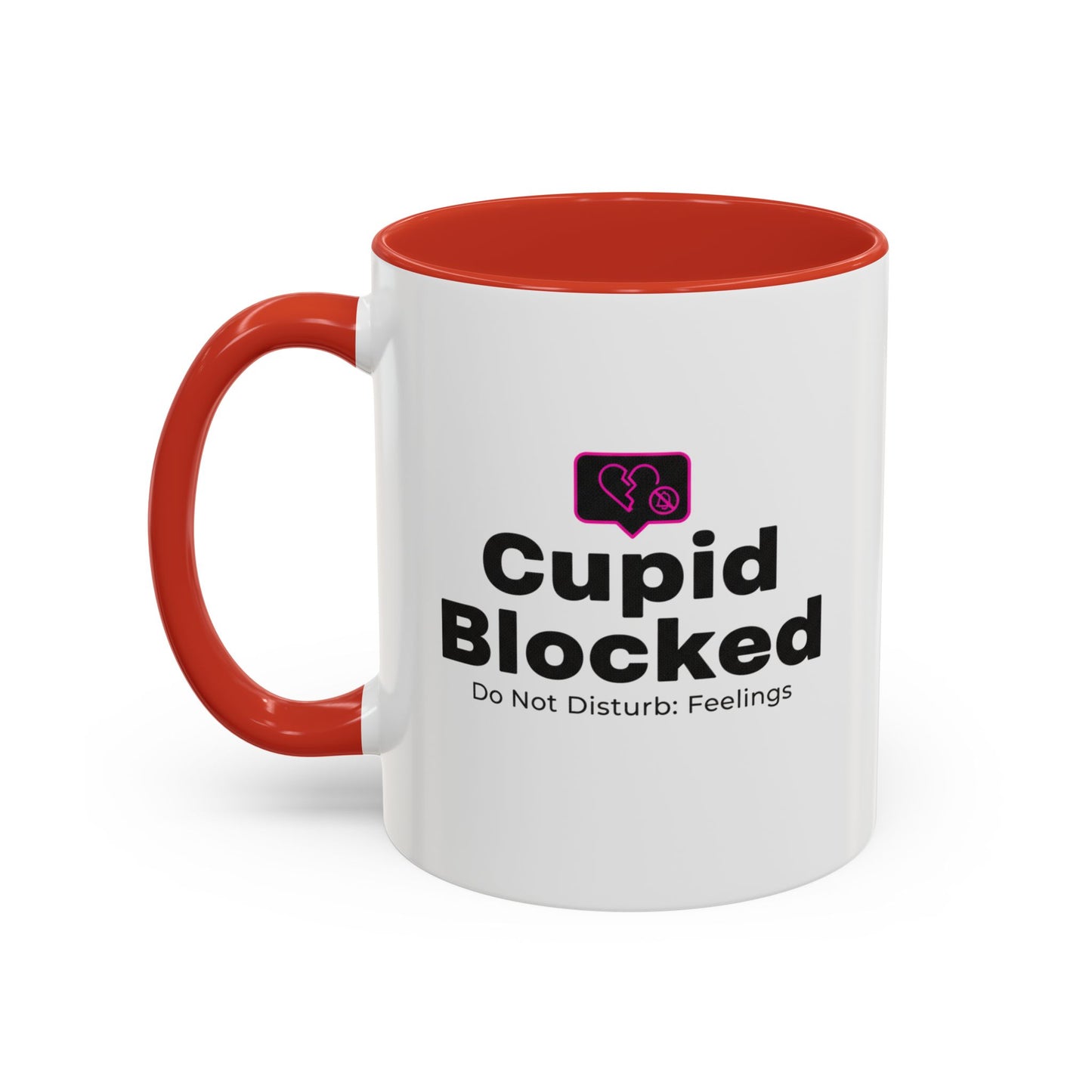 Cupid Blocked Accent Coffee Mug — 'Do Not Disturb: Feelings' Funny Anti-Valentine Gift