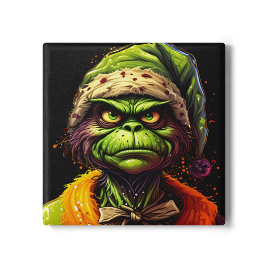 Grinch Horror Ceramic Coaster — Creepy Green Holiday Drink Mat