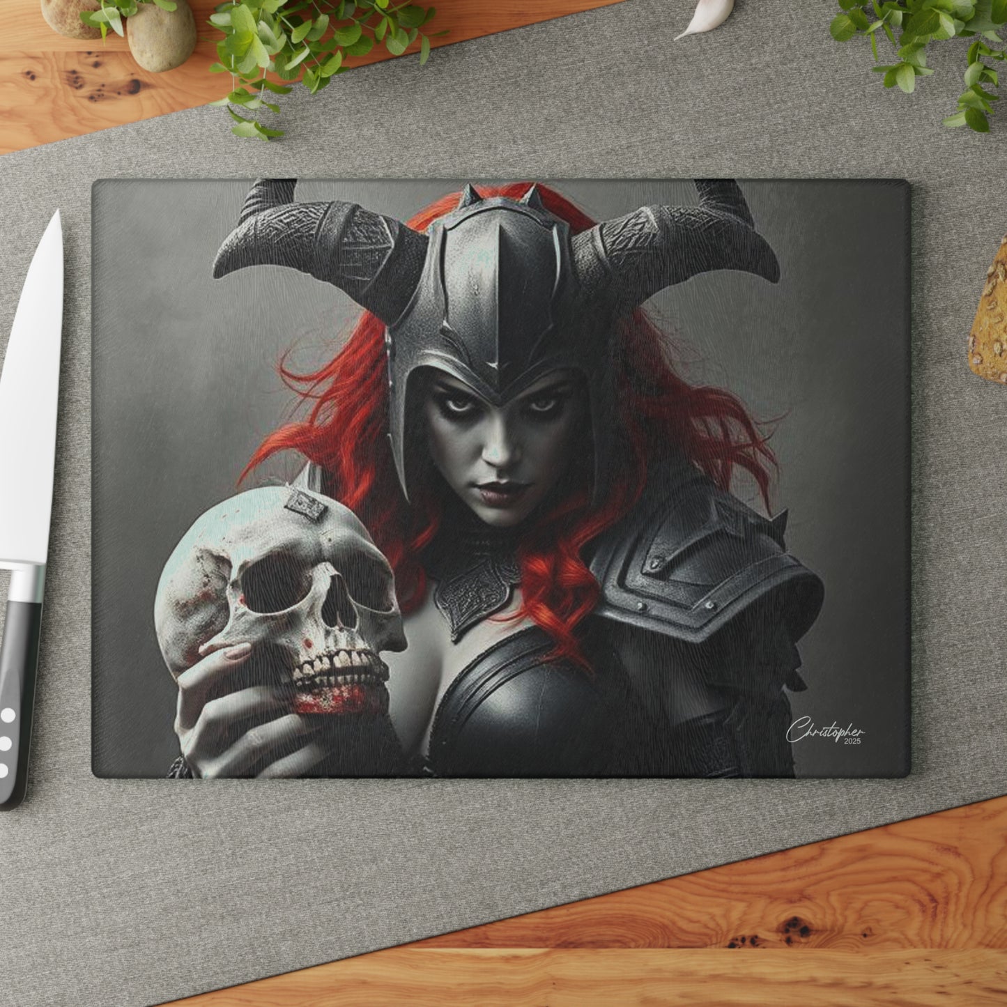 Gothic Glass Cutting Board - Dark Fantasy Design with Skull and Warrior
