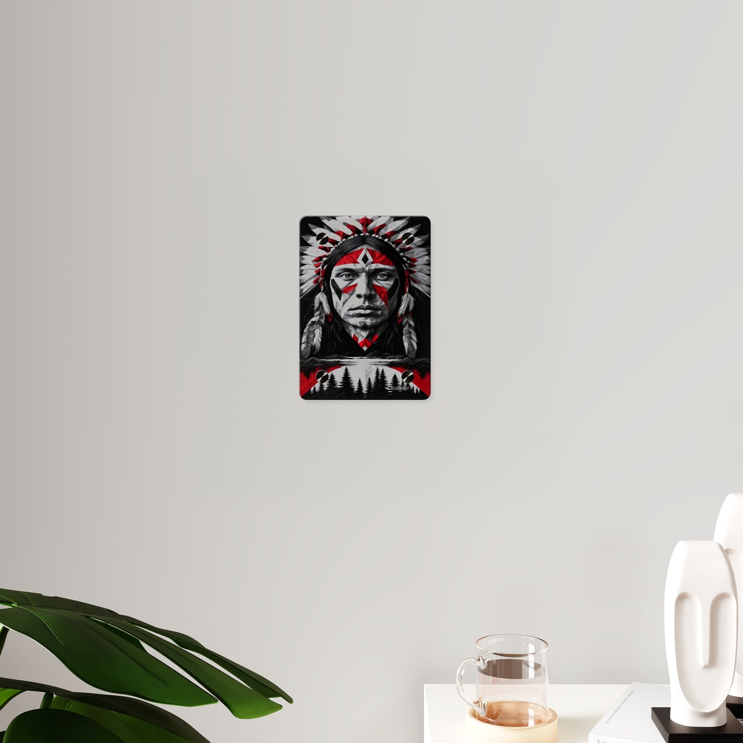 Acrylic Wall Art Panel — Geometric Indigenous Warrior Portrait (Red & Black)