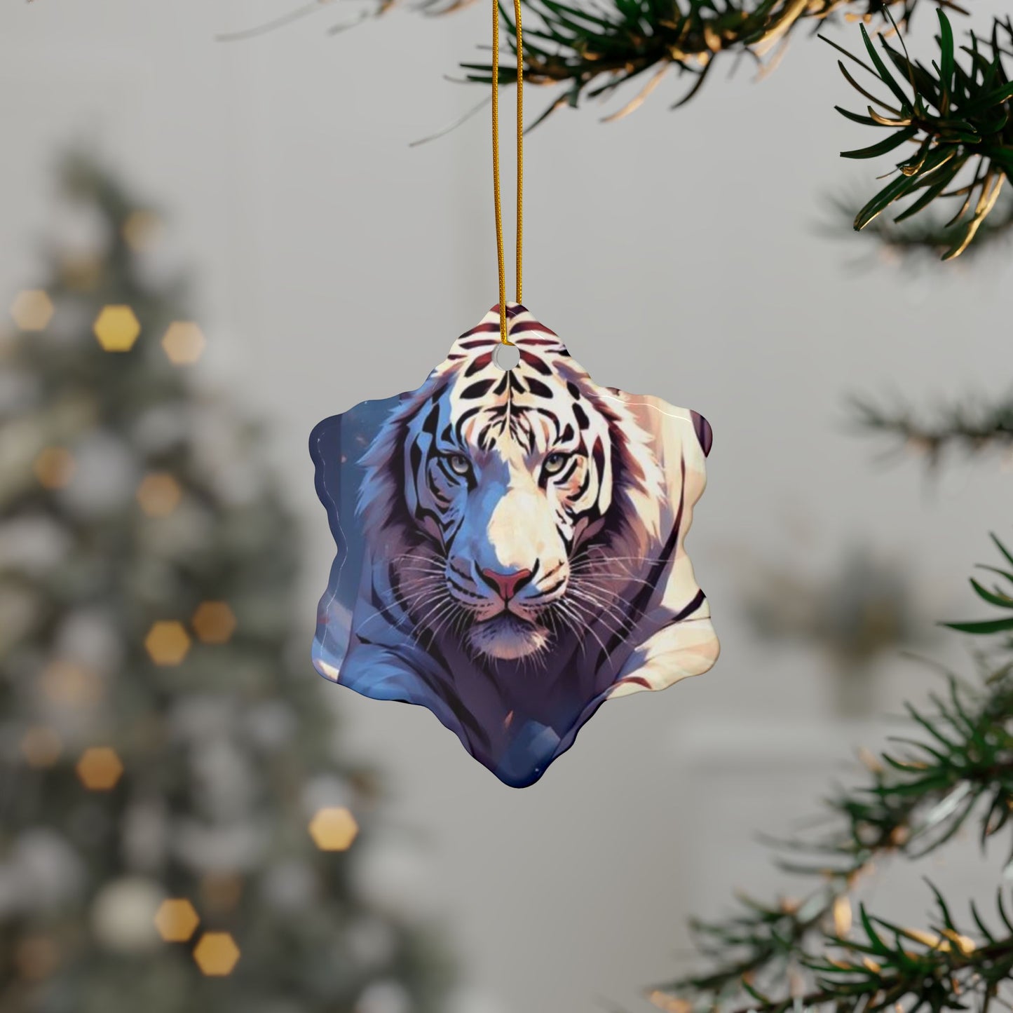 White Tiger Ceramic Ornament — Double-Sided Wildlife Holiday Decoration