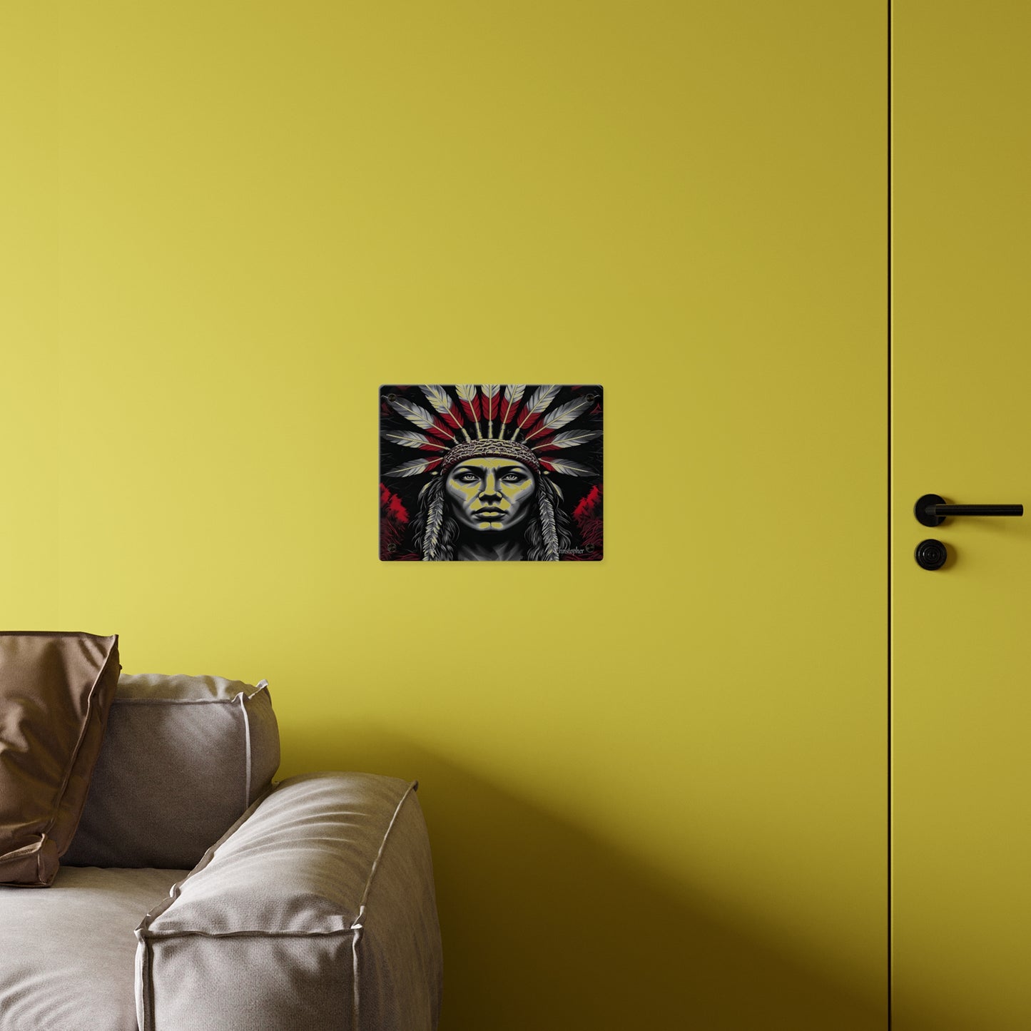 Acrylic Wall Art Panel — Bold Native Chief Portrait in Red & Black