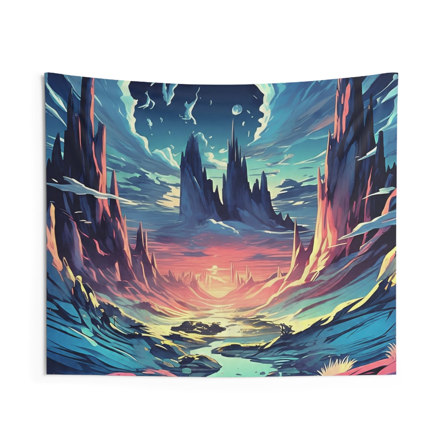 Fantasy Landscape Tapestry — Vibrant Sunset Alien World Wall Art