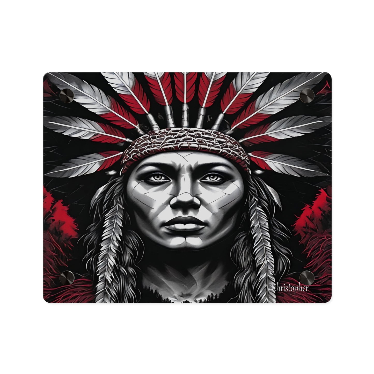 Acrylic Wall Art Panel — Bold Native Chief Portrait in Red & Black