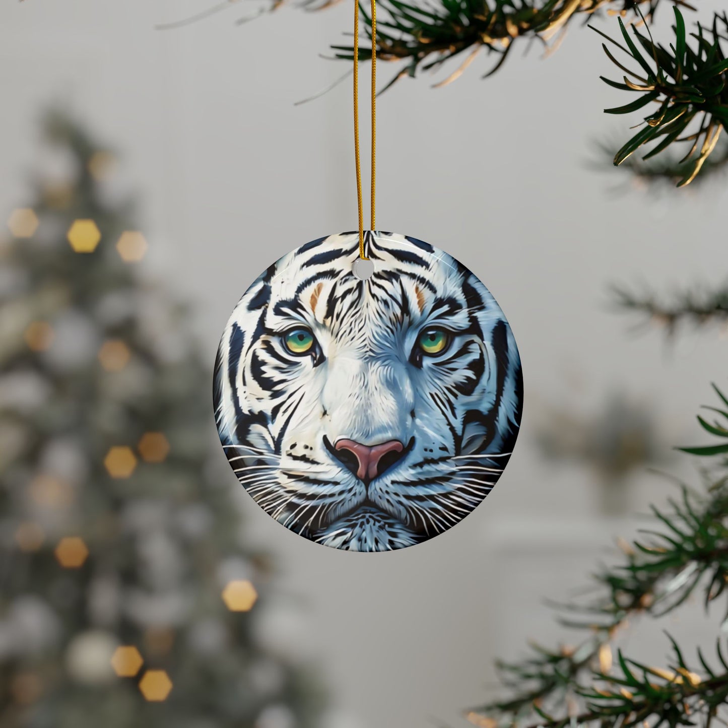 White Tiger Ceramic Ornament — Two-Sided Round Holiday Decoration