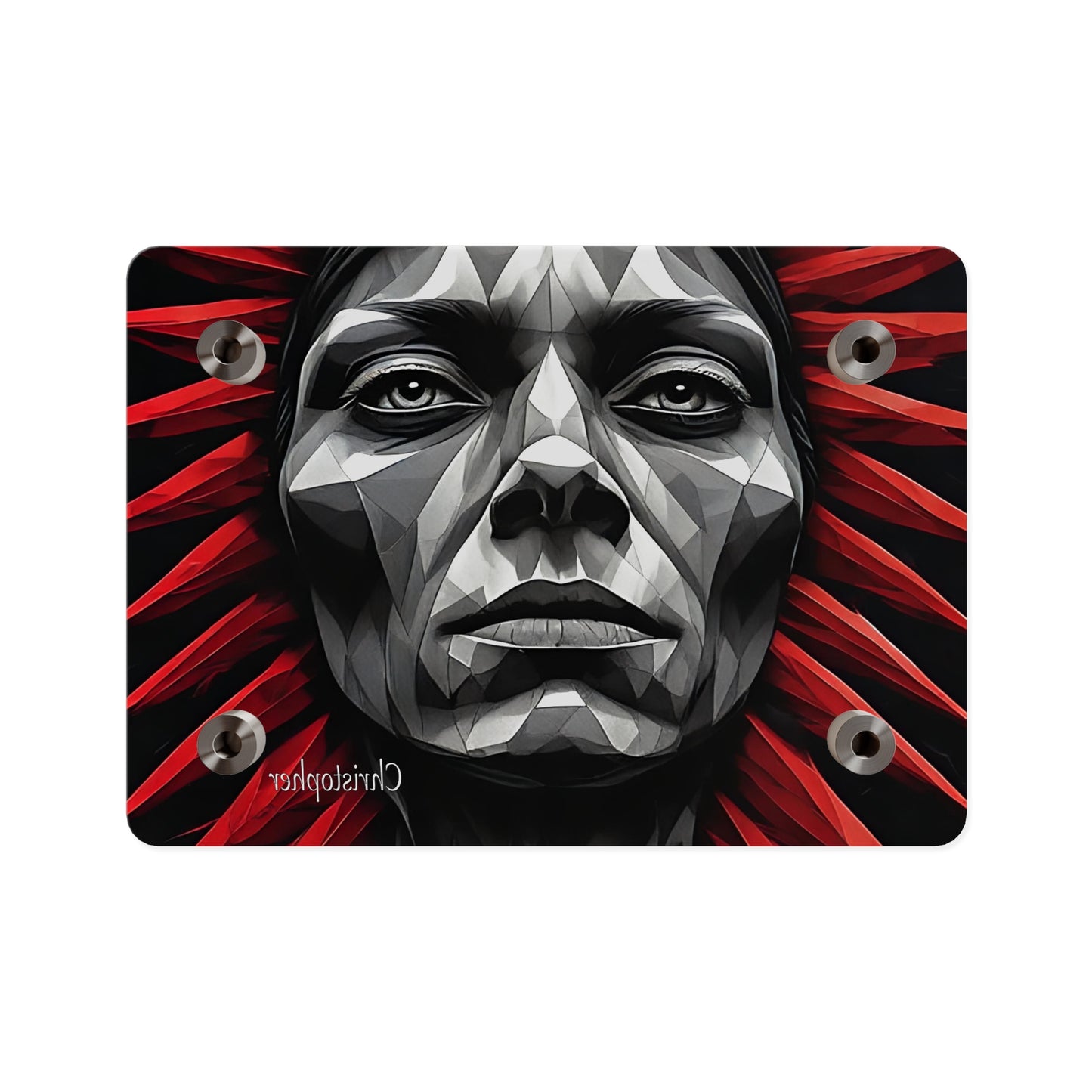 Acrylic Wall Art Panel — Geometric Tribal Face with Red Feather Headdress