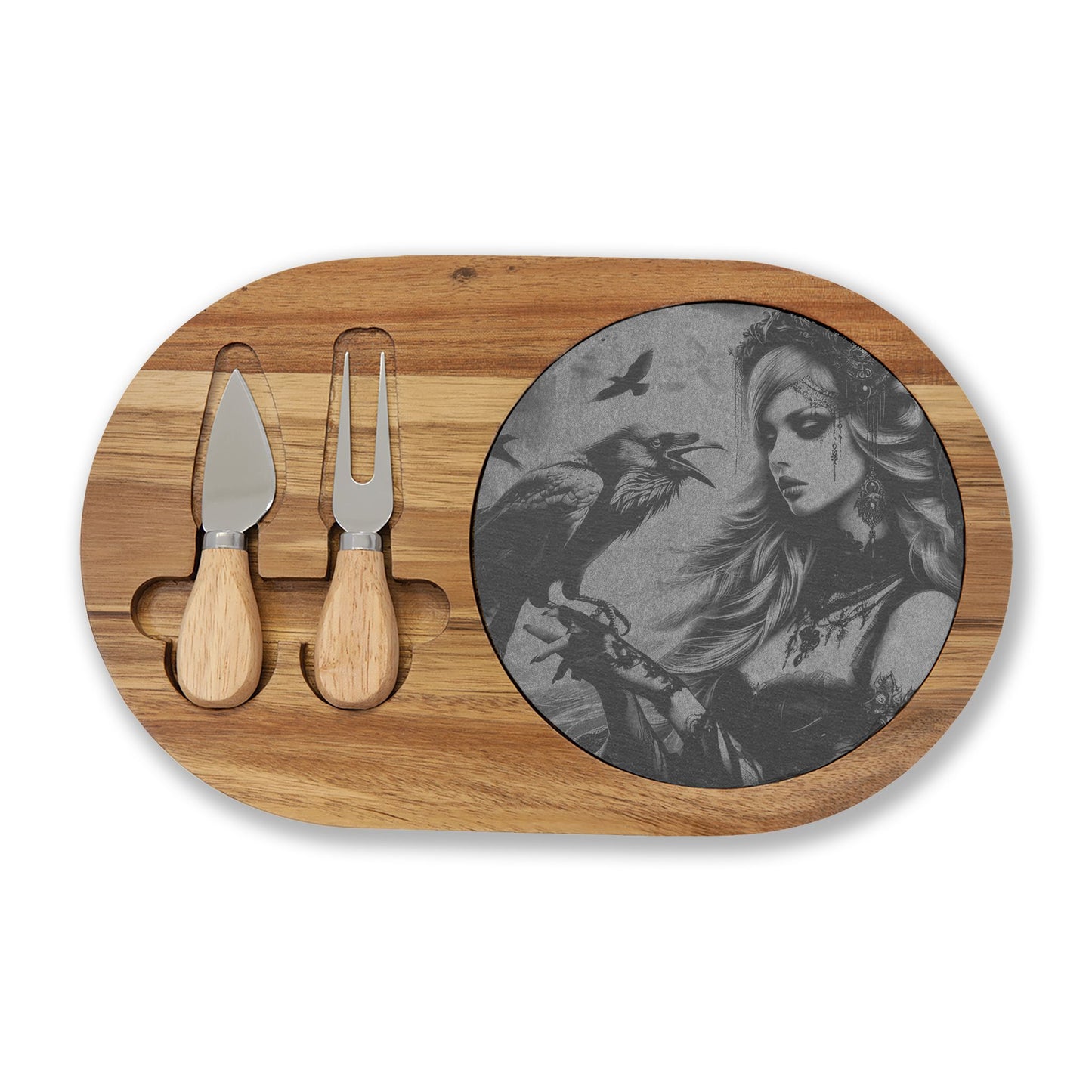 Engraved Charcuterie Board with Stone Inlay — Gothic Woman & Raven Serving Set