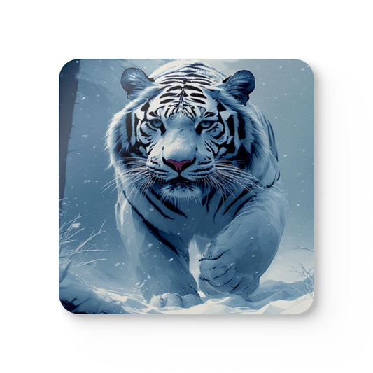 White Tiger Cork Coaster Set — Snowy Wildlife Drink Coasters (4-Pack)